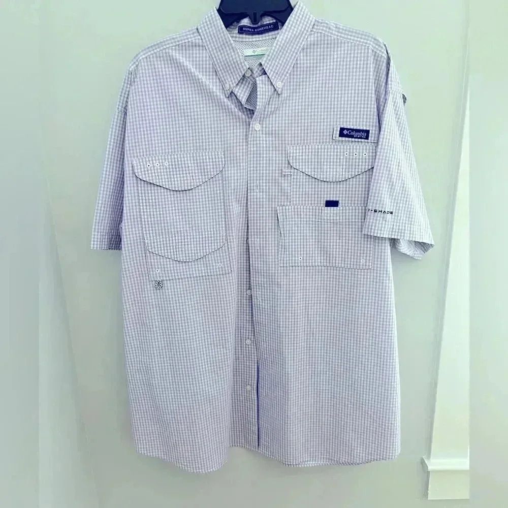 Large Columbia Short Sleeve PFG Purple and white plaid shirt